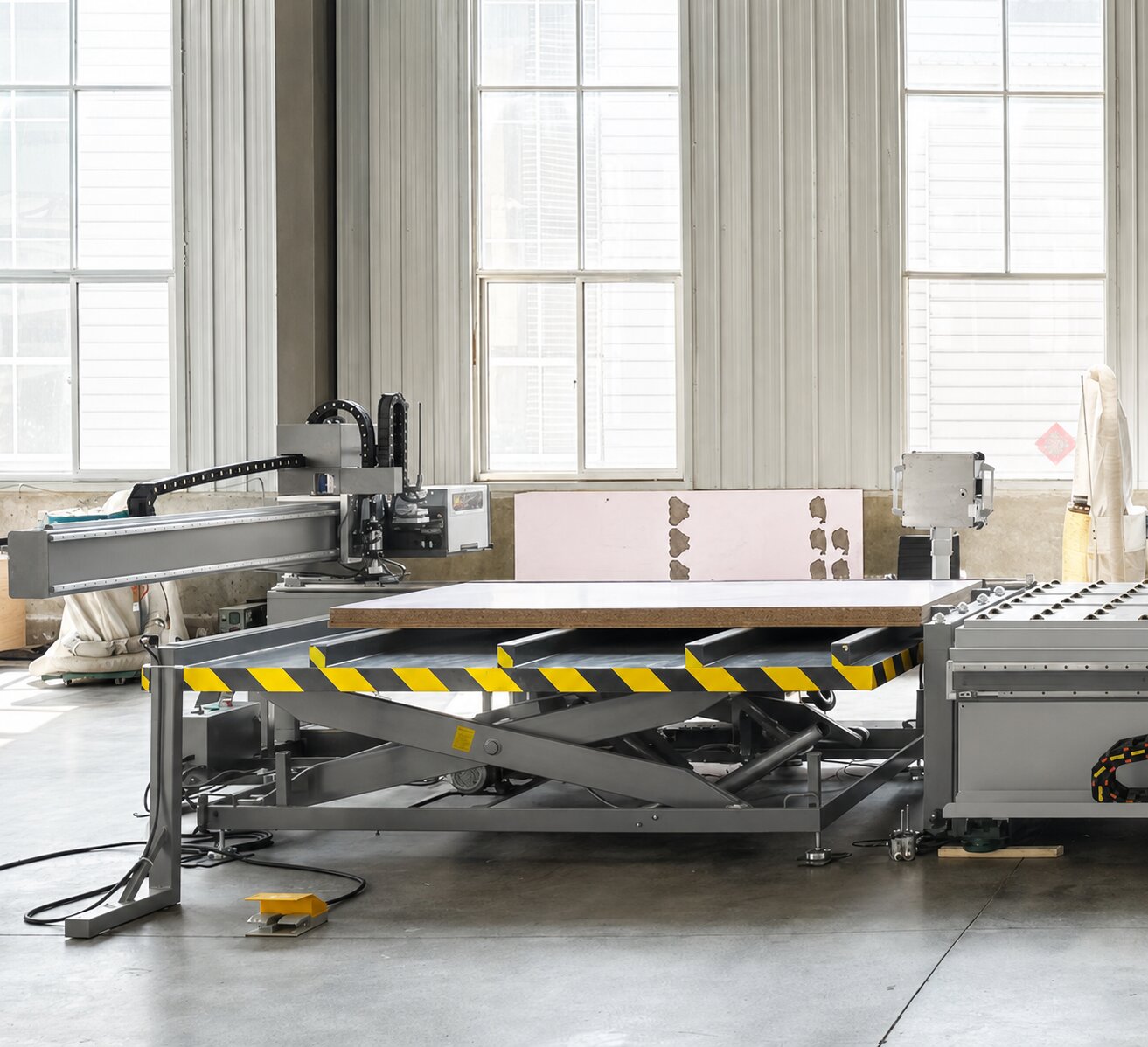 Illustration — fraiseuse CNC à plat avec table de chargement, pour le travail du bois