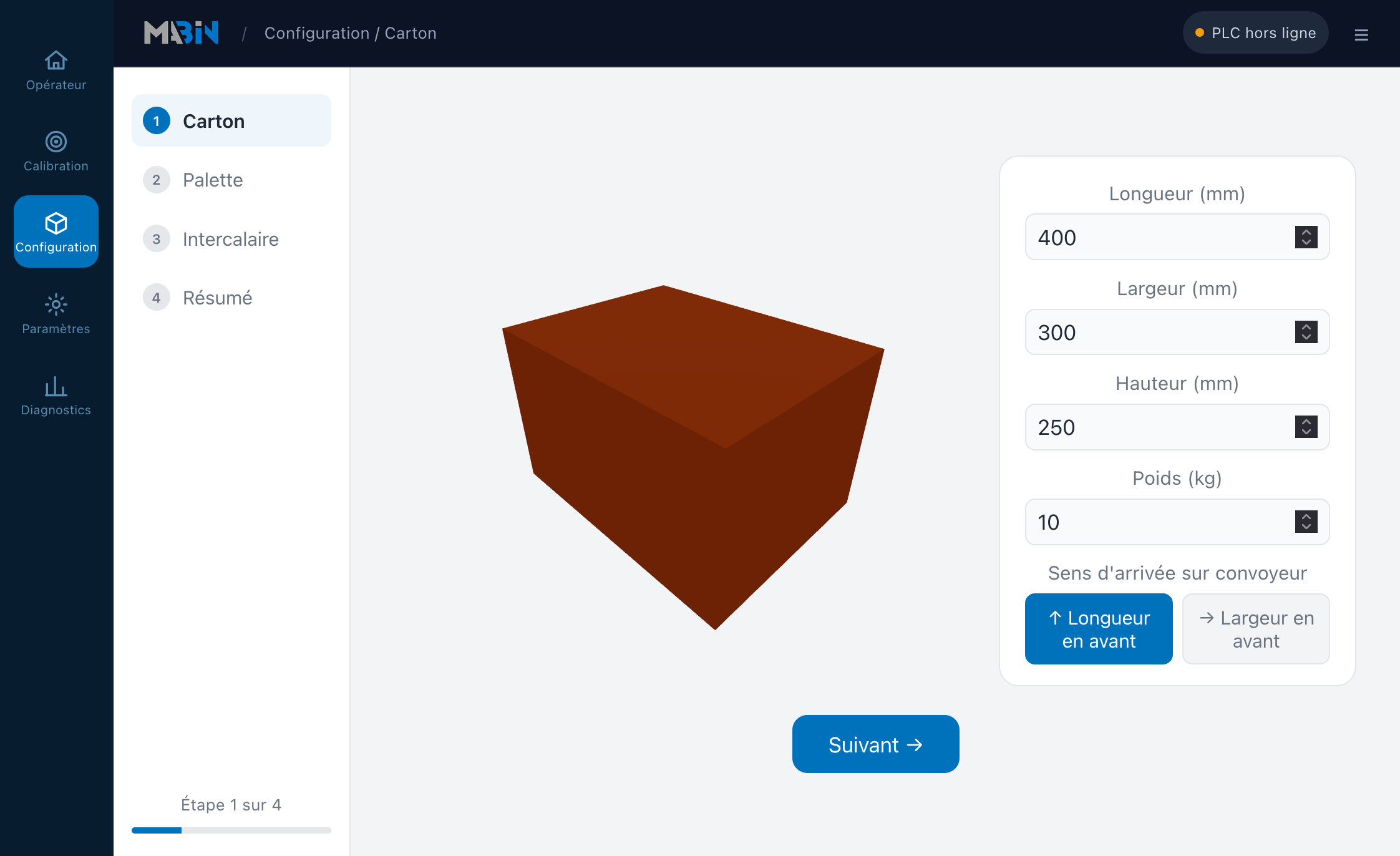 Configuration du carton sur l'interface Mabin