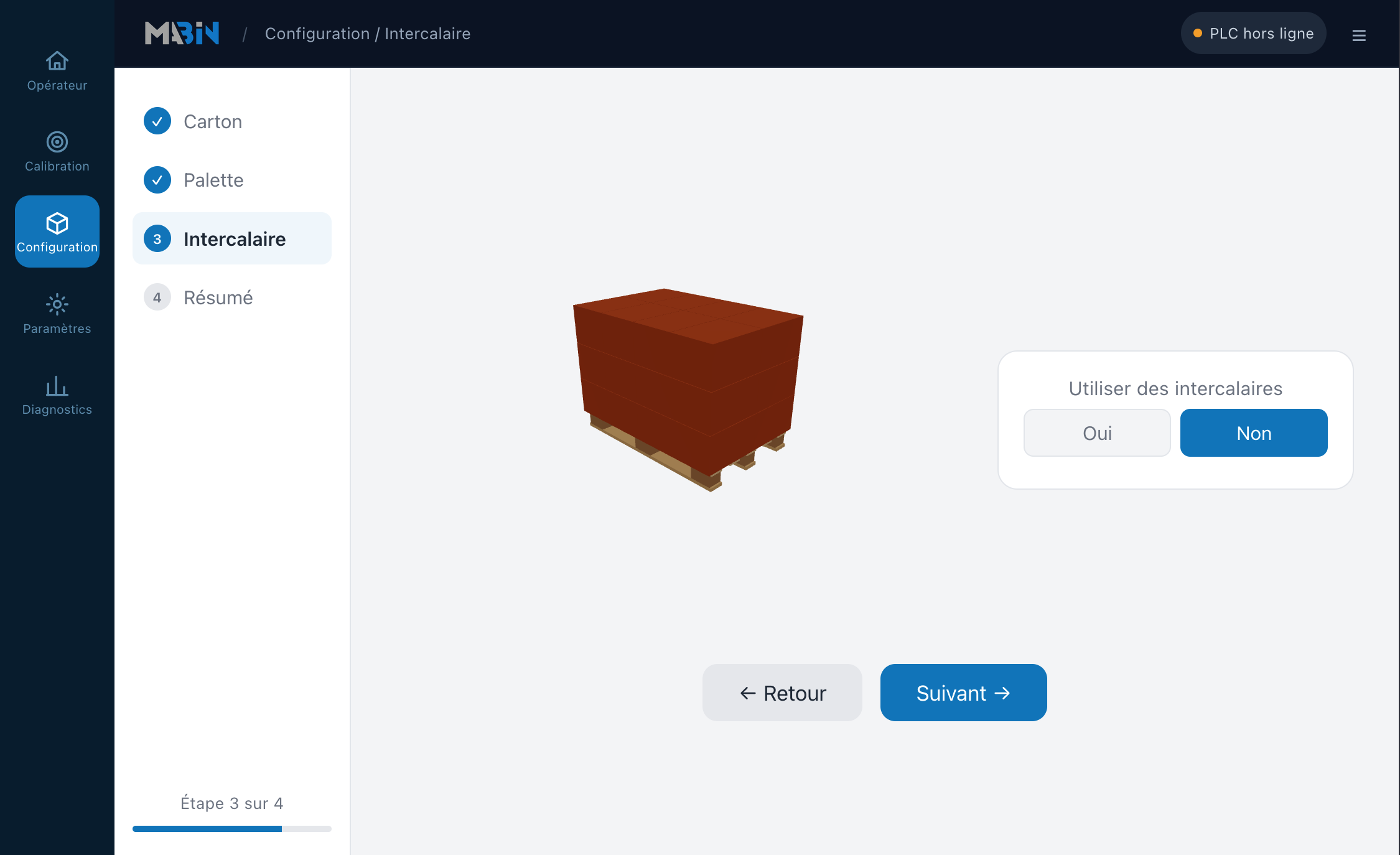 Configuration des intercalaires sur l'interface Mabin