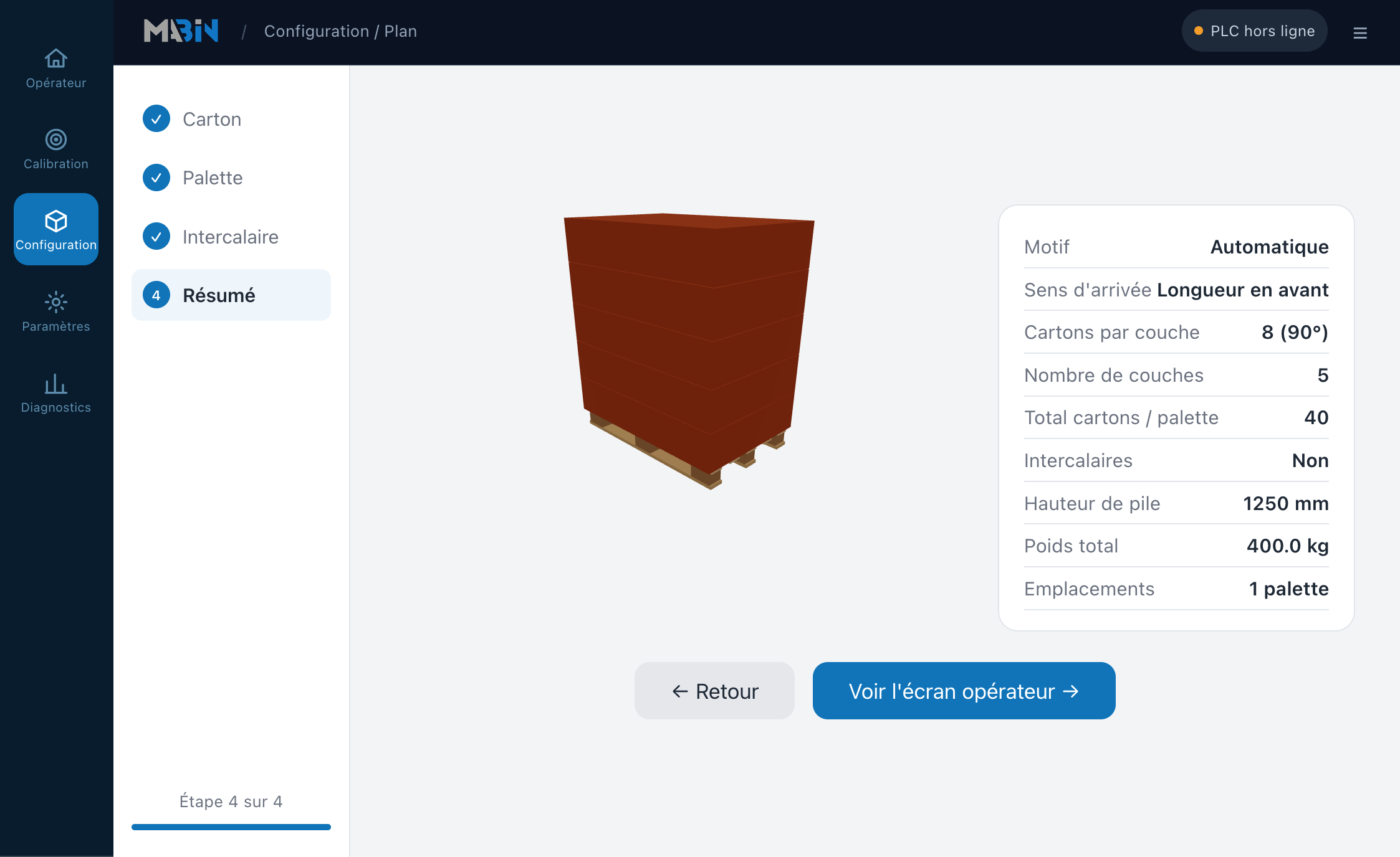 Résumé du plan de palettisation sur l'interface Mabin